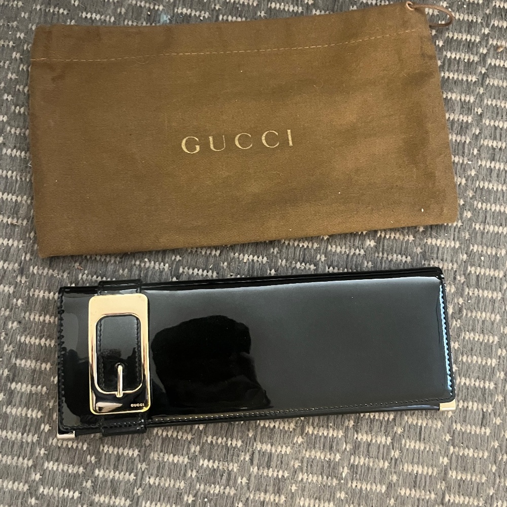 Gucci Romy Black Patent Buckle Clutch